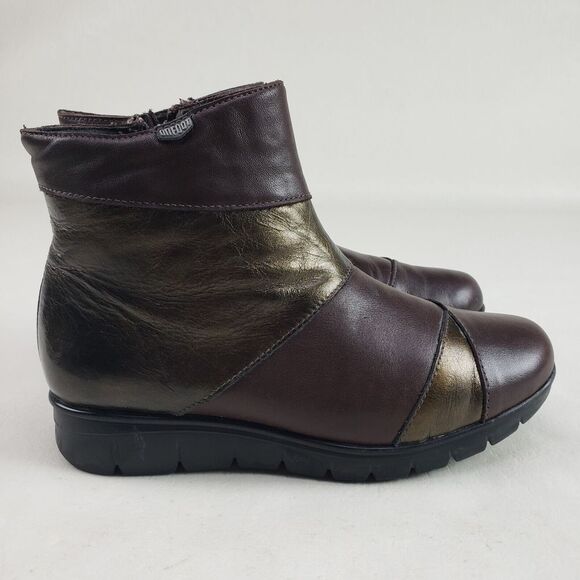 Onfoot Leather Ankle Wedge Boot Womens 6.5 EU 37 Brown & Gold Side Zip Spain - Picture 4 of 11